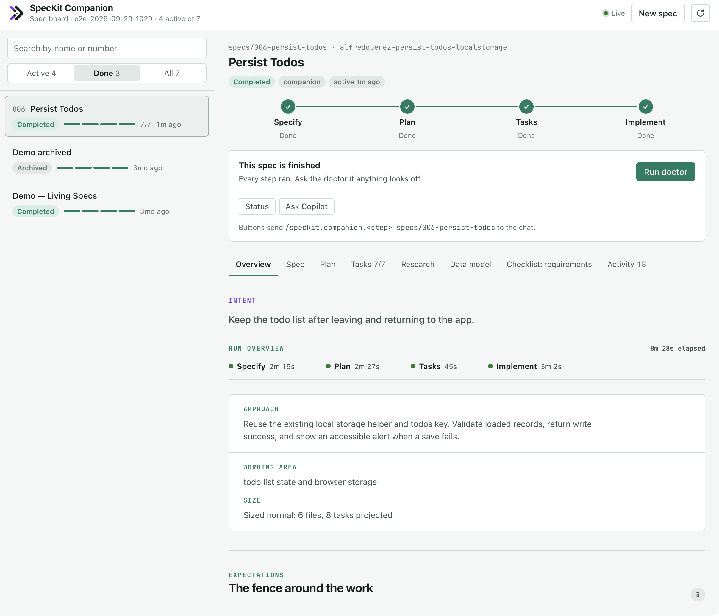 The SpecKit Companion board in the Copilot app: the spec list on the left, and on the right one spec with its pipeline, the next-step button, and the Overview.