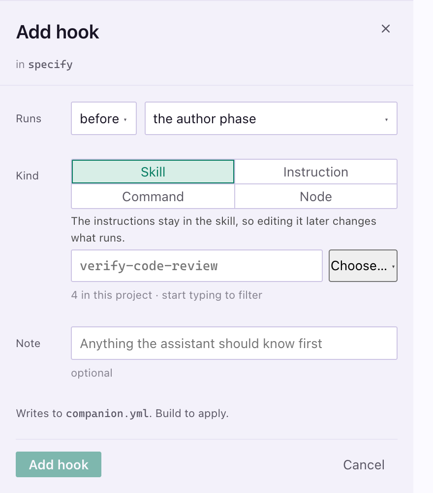 The Add hook form: where it runs, then the kind.