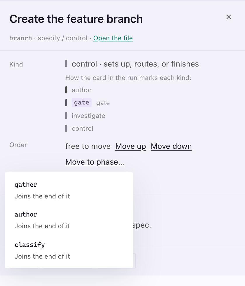 The panel for the Create the feature branch node, its Order row offering Move up, Move down and Move to phase, with the phase list open on gather, author and classify, each marked Joins the end of it.