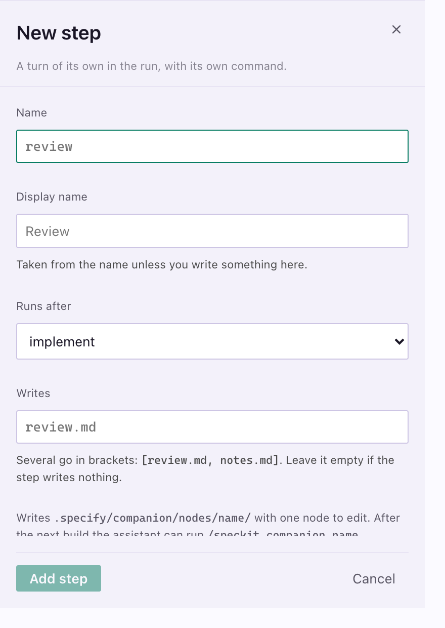 The New step form.