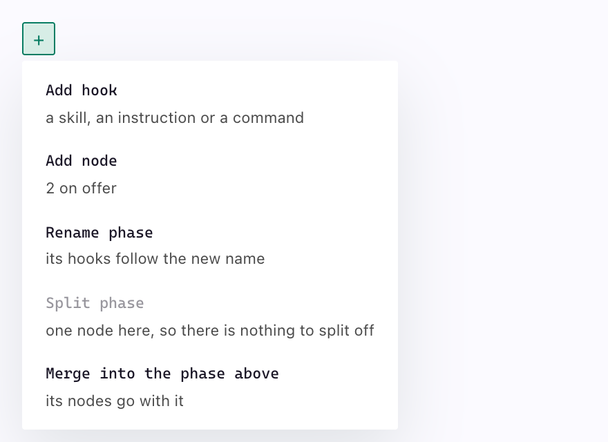 The phase menu open, offering Add hook, Add node, Rename phase, Split phase and Merge.