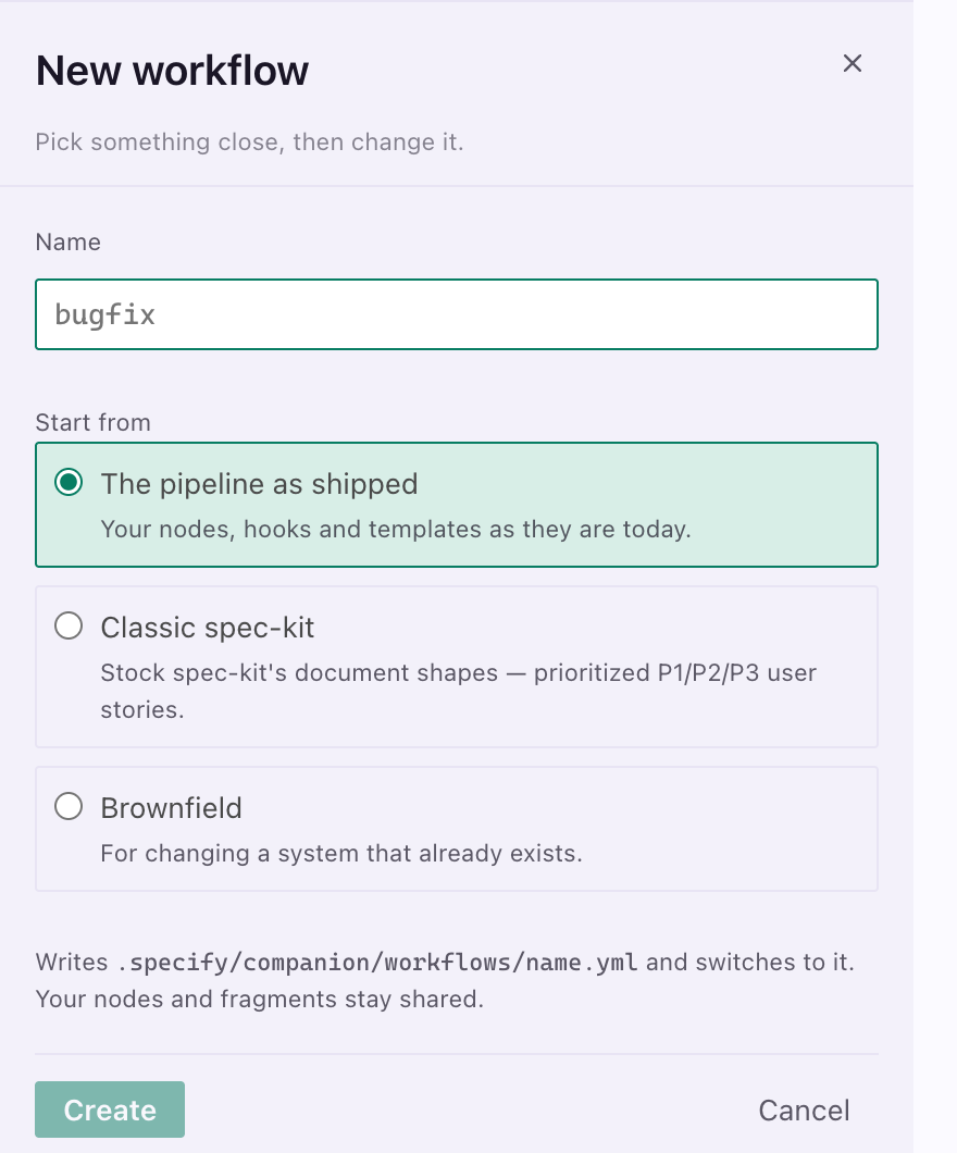 The New workflow form, offering three whole configurations to start from as cards.