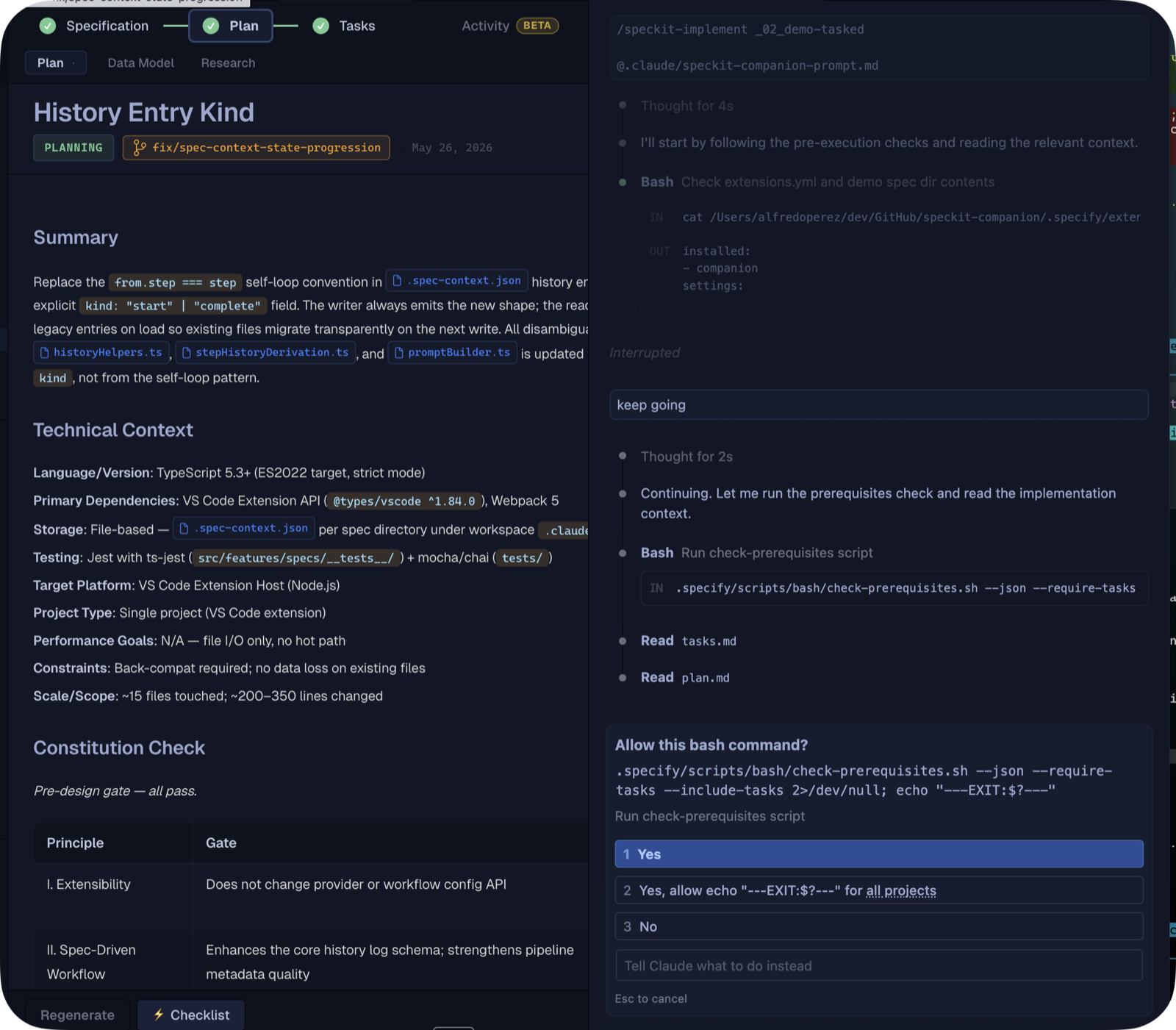 SpecKit Companion dispatching /speckit.implement into the Claude Code panel in VS Code.