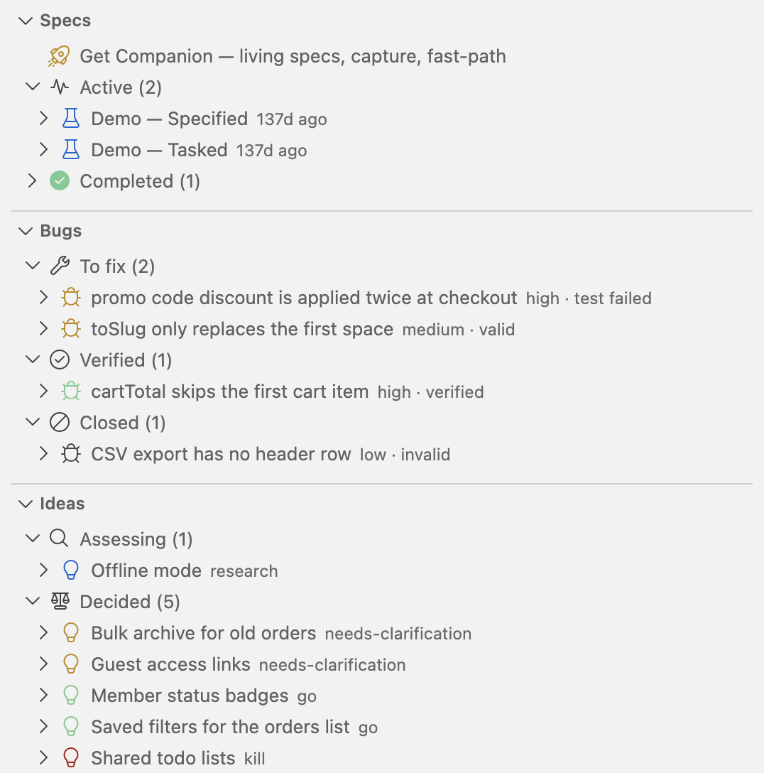The SpecKit side bar with three panes: Specs with its Active and Completed groups, Bugs grouped as To fix, Verified and Closed with a severity and outcome on each row, and Ideas grouped as Assessing and Decided with the verdict beside each idea.