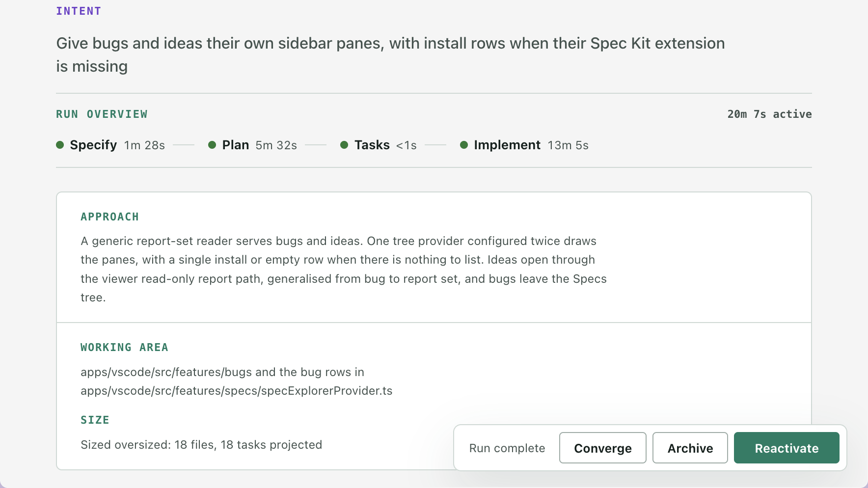 The Overview of a completed spec with the footer reading Run complete, then Converge, Archive and Reactivate.