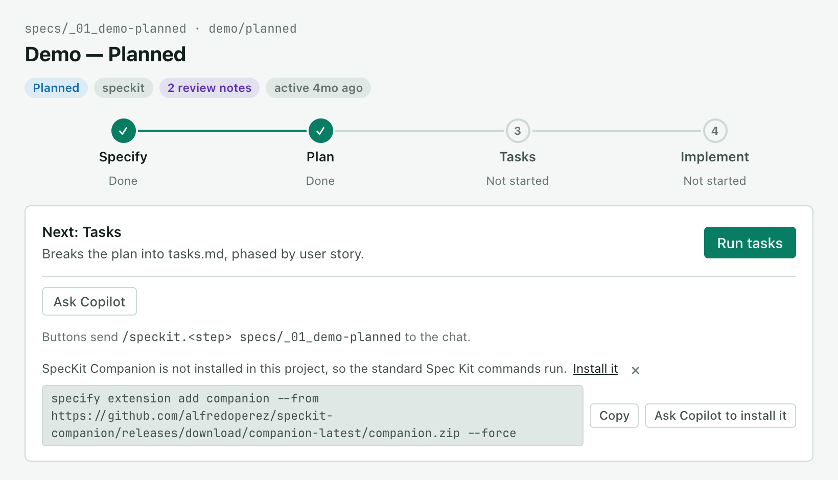The next-step card in a project without Companion. A line says SpecKit Companion is not installed in this project, so the standard Spec Kit commands run, with Install it opened to show the specify extension add command, a Copy button and Ask Copilot to install it.