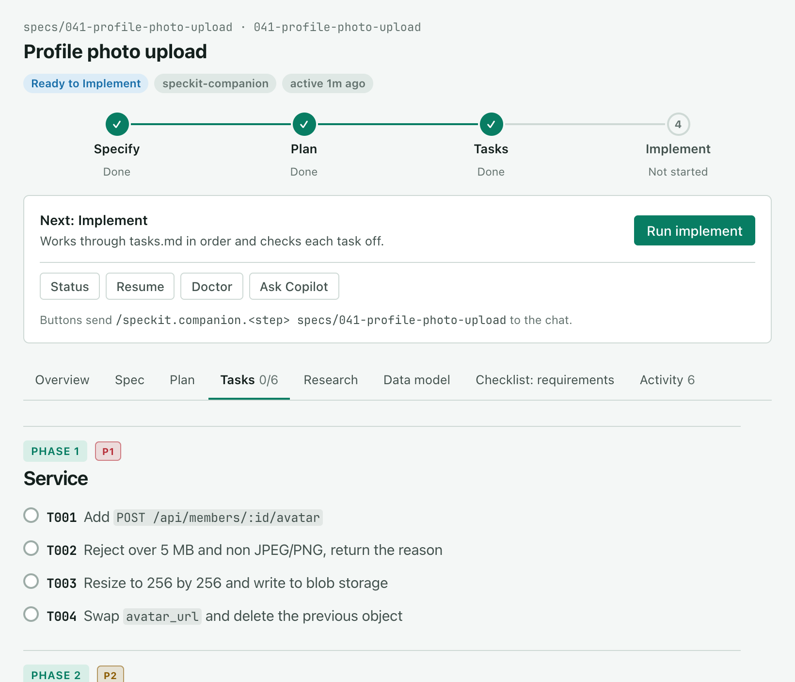 The same spec after tasks. The status reads Ready to Implement, three steps are done, the card reads Next: Implement with a Run implement button, and the Tasks tab reads 0/6 with Phase 1's tasks unticked.