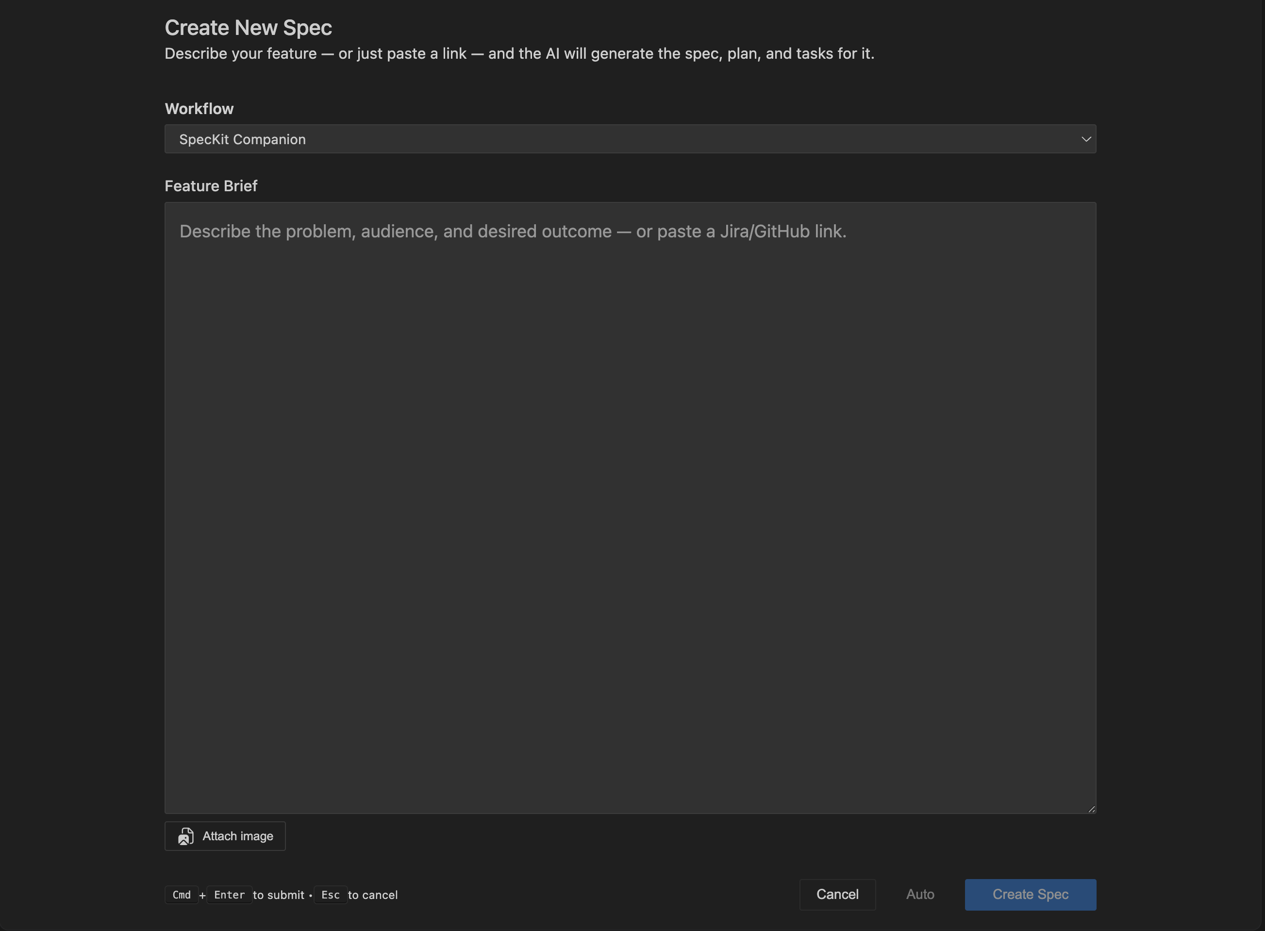The Create New Spec panel: a Workflow picker set to SpecKit Companion, a Feature Brief box, an Attach image button, and Cancel, Auto and Create Spec buttons.
