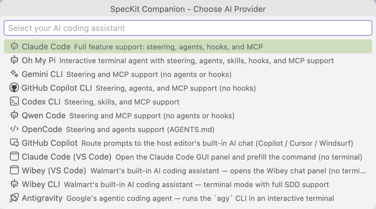 The picker titled SpecKit Companion - Choose AI Provider, with a search box and one row per assistant, from Claude Code and Oh My Pi to Antigravity, each with a line saying what it supports.
