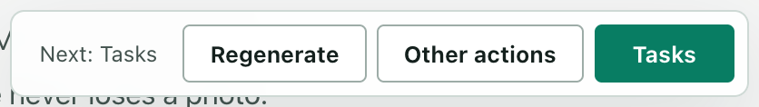 The viewer footer reading Next: Tasks, with Regenerate, Other actions and a green Tasks button.