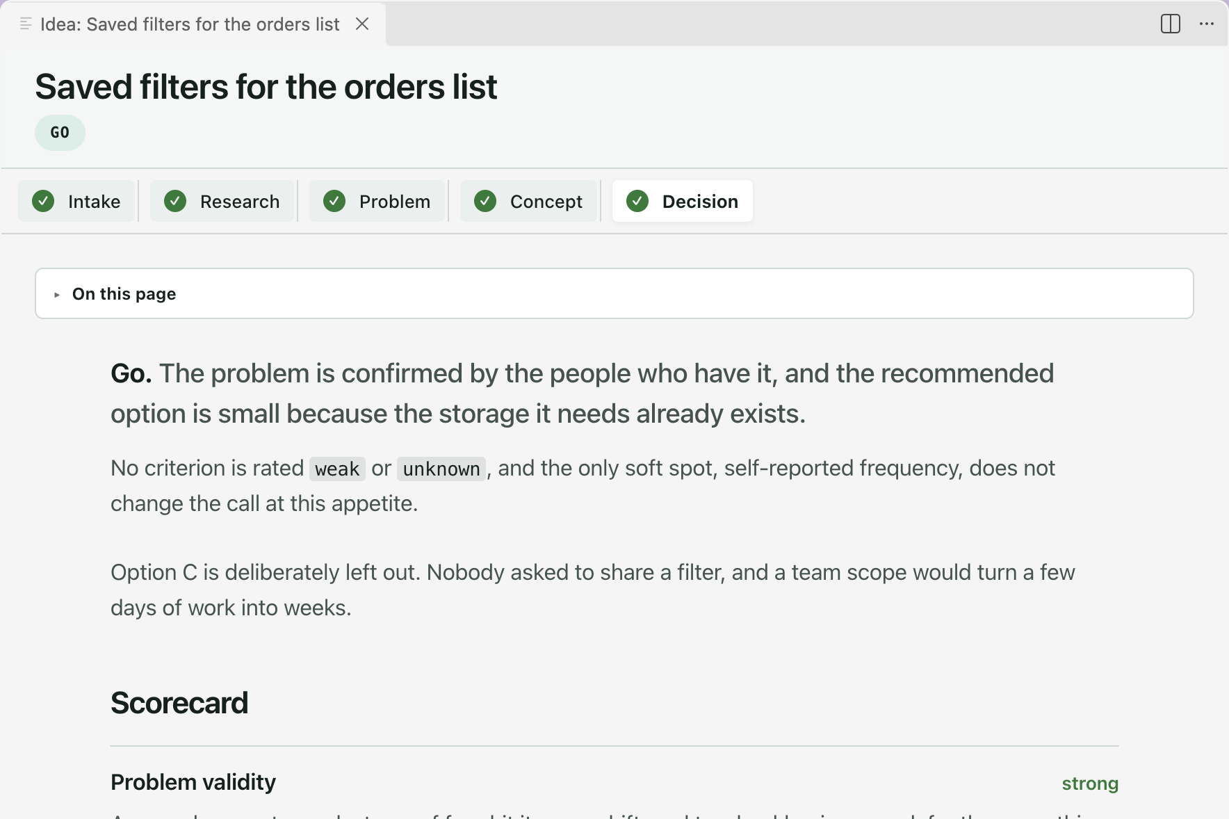 An idea open on its Decision stage, badge Go, with all five stages checked in the rail. The page starts with Go and the first sentence of the rationale, and the Scorecard begins below with Problem validity rated strong.