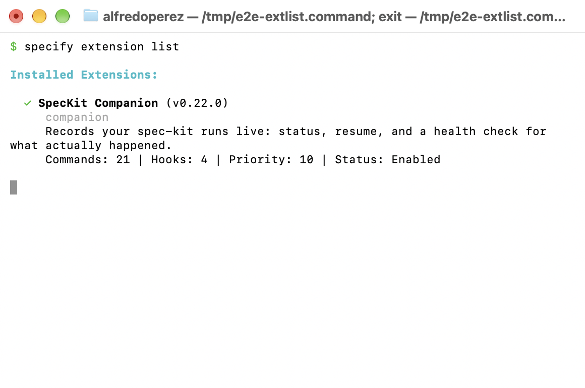 A terminal running specify extension list, showing SpecKit Companion v0.22.0 enabled with 21 commands and 4 hooks.