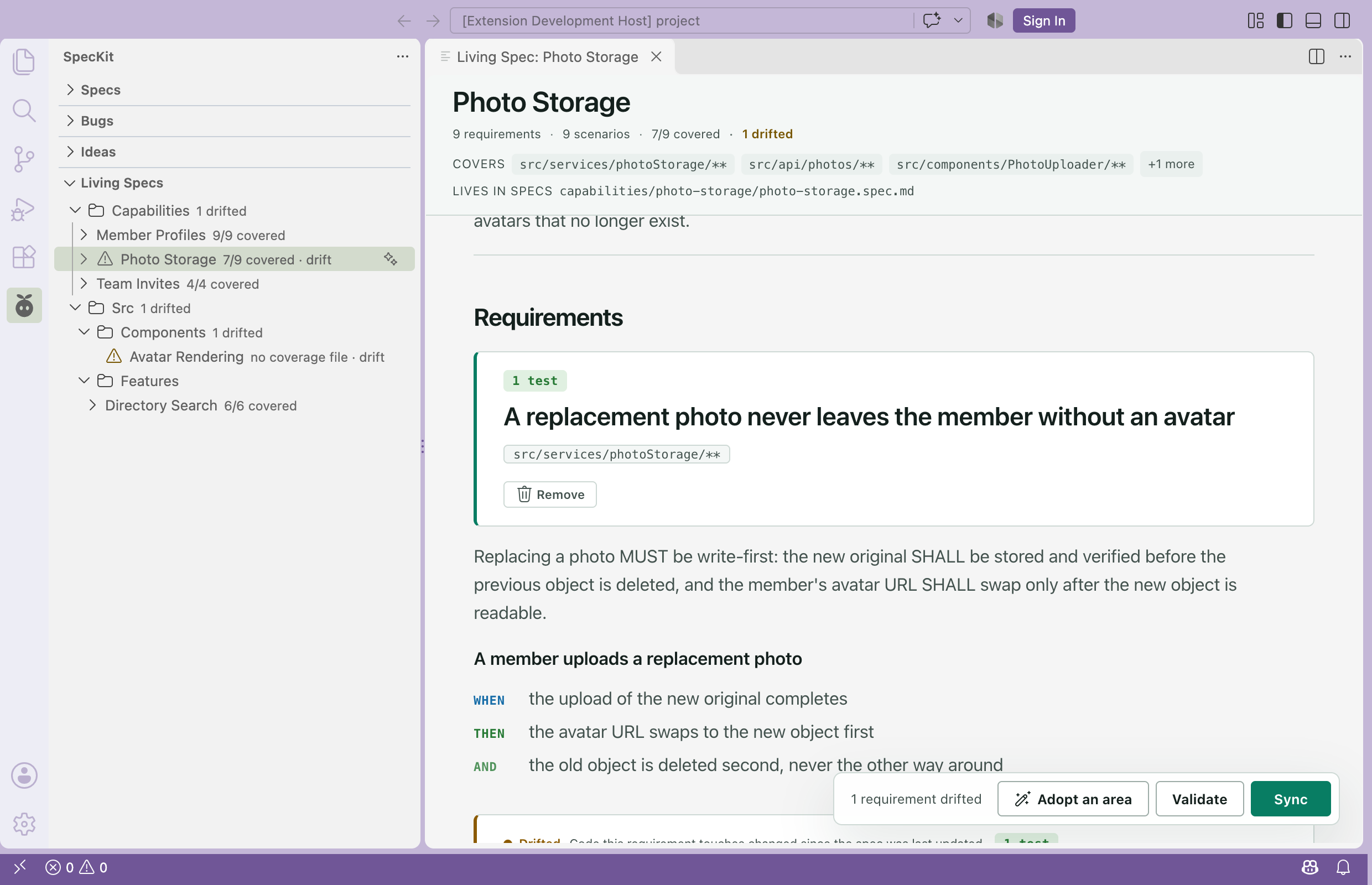 VS Code with the Living Specs tree in the sidebar: five capabilities grouped by folder, most with a coverage count, two flagged as drifted. Beside it the Photo Storage spec is open, with its counts, the paths it covers and its first requirement.