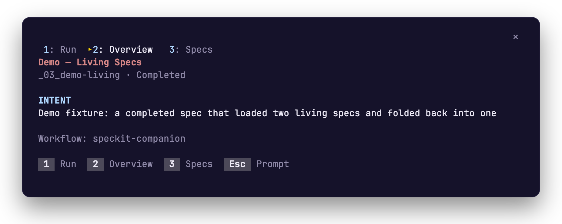 The pane on its Overview tab for the completed spec Demo, Living Specs, showing the Intent the run recorded and the line Workflow: speckit-companion.