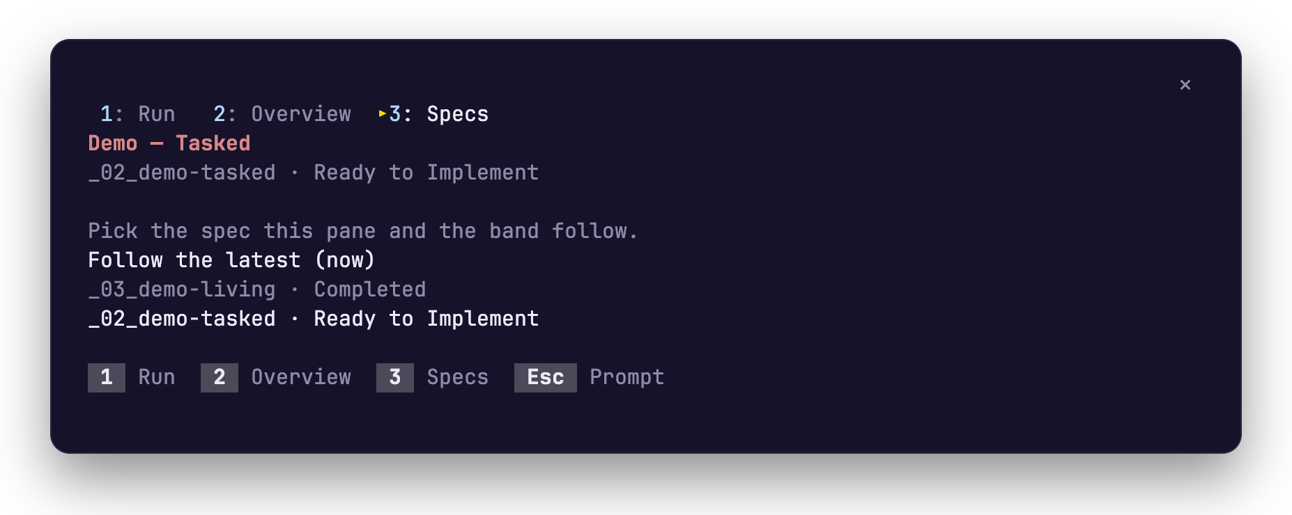 The pane on its Specs tab after /speckit-tracker. Under Pick the spec this pane and the band follow are three rows: Follow the latest (now), _03_demo-living Completed, and _02_demo-tasked Ready to Implement. The foot lists the keys 1 Run, 2 Overview, 3 Specs and Esc Prompt.