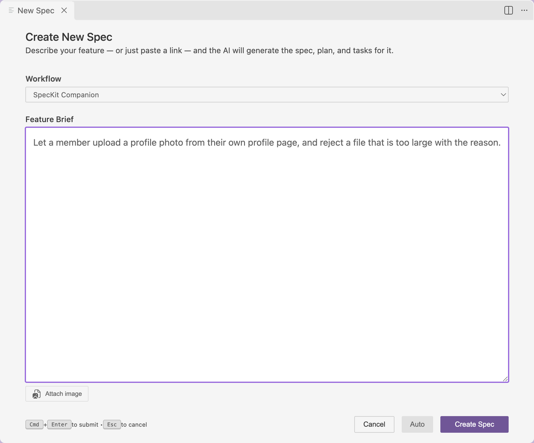Create New Spec with SpecKit Companion chosen as the workflow, a one-sentence feature brief typed, an Attach image button, and Cancel, Auto and Create Spec at the foot.