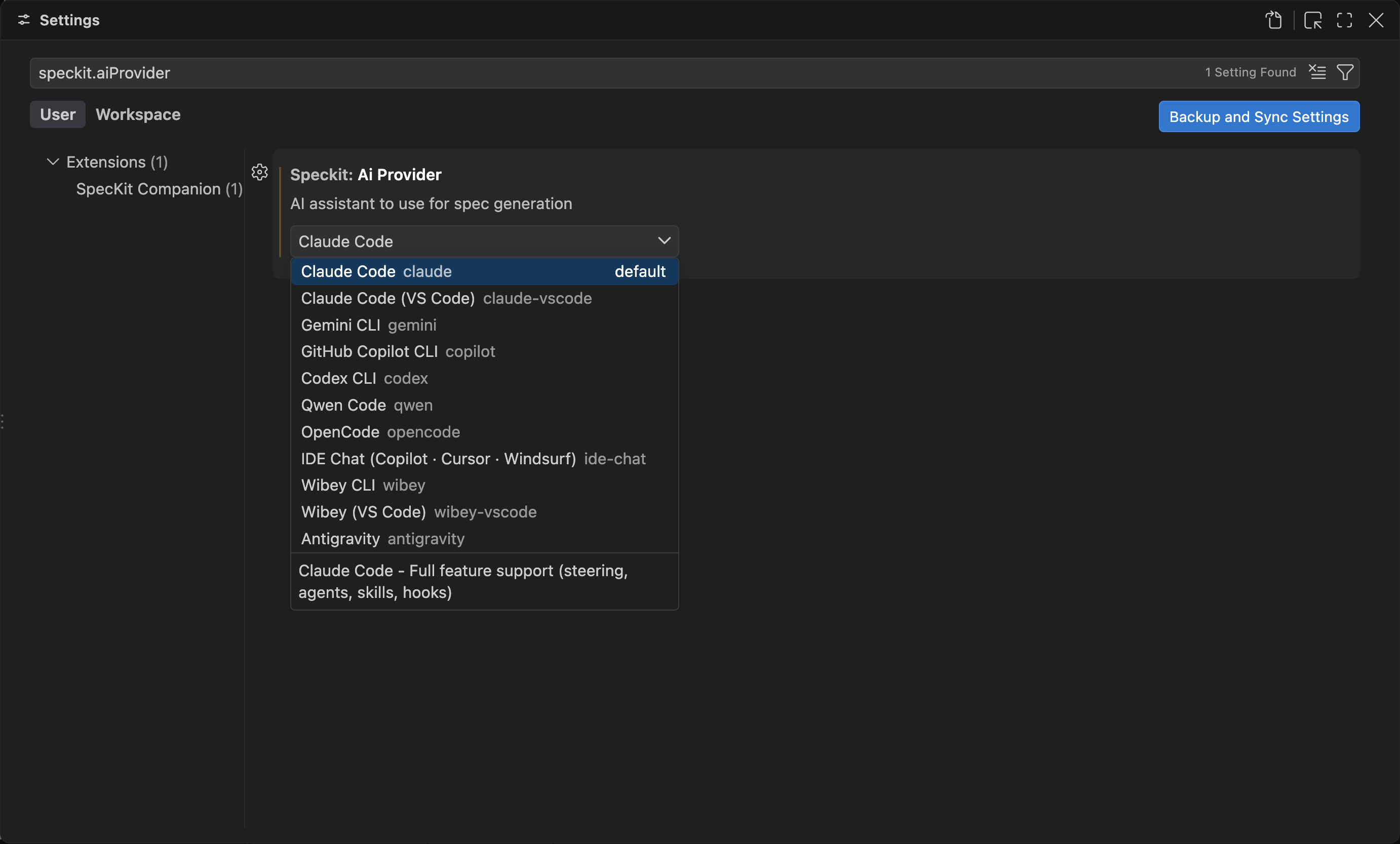 The Settings editor on speckit.aiProvider with the dropdown open, listing Claude Code, Claude Code (VS Code), Gemini CLI, GitHub Copilot CLI, Codex CLI, Qwen Code, OpenCode, IDE Chat, Wibey CLI, Wibey (VS Code) and Antigravity.