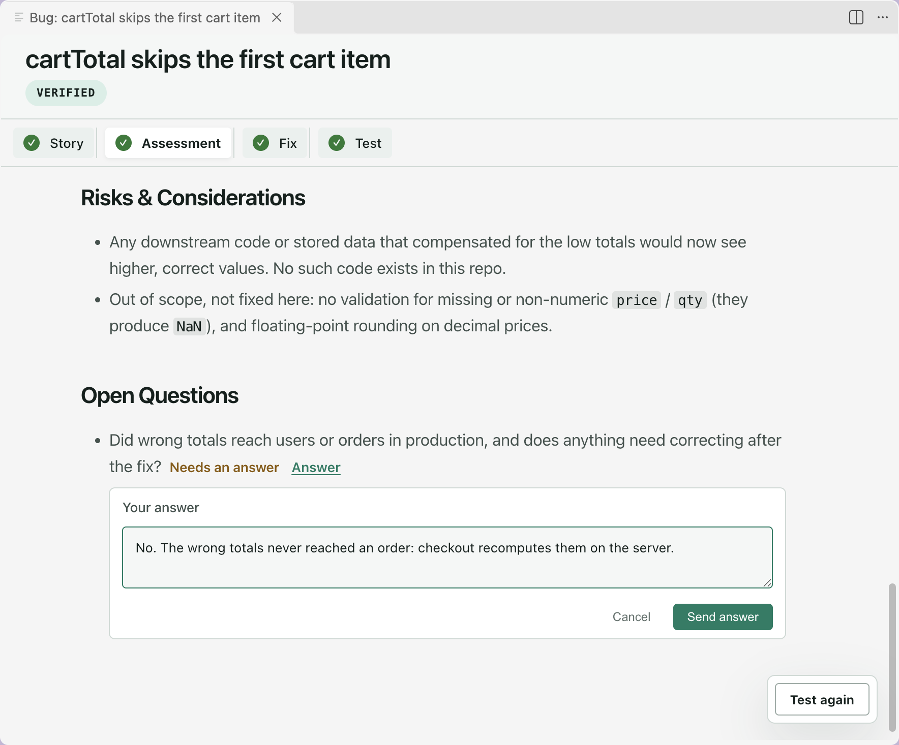 A bug's Assessment tab scrolled to Open Questions. The question carries a Needs an answer label and an Answer link, and the answer box under it is open with a reply typed in and a Send answer button.