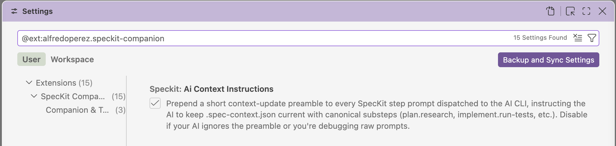 VS Code Settings with @ext:alfredoperez.speckit-companion in the search box and 15 Settings Found beside it. The list on the left reads Extensions, SpecKit Companion, Companion and Telemetry, and the first setting is Speckit: Ai Context Instructions, ticked.
