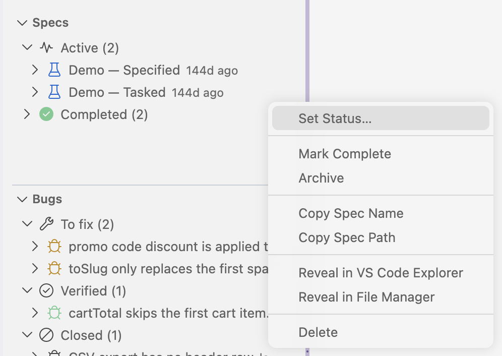 The More Actions menu on a spec: Set Status, Mark Complete, Archive, Copy Spec Name, Copy Spec Path, Reveal in VS Code Explorer, Reveal in File Manager and Delete.