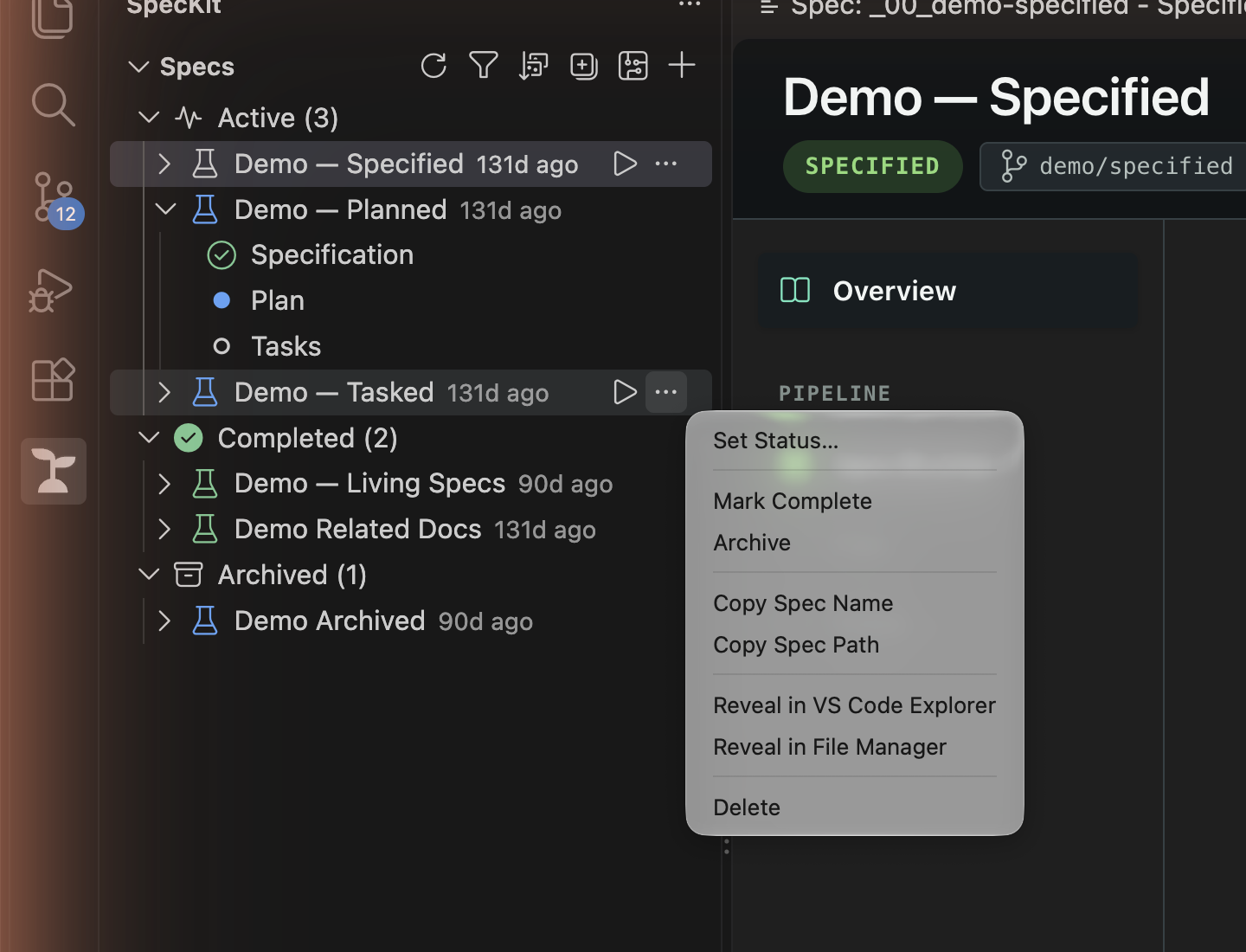 The More Actions menu on a spec: Set Status, Mark Complete, Archive, Copy Spec Name, Copy Spec Path, Reveal in VS Code Explorer, Reveal in File Manager and Delete.