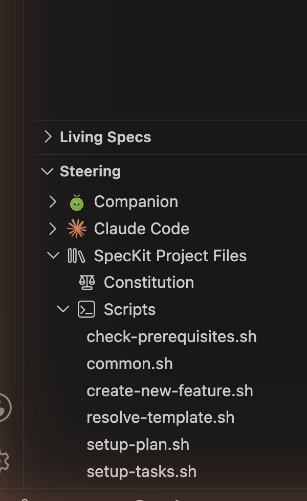 The Steering view expanded: Companion, Claude Code, and SpecKit Project Files with the Constitution and the Scripts folder.