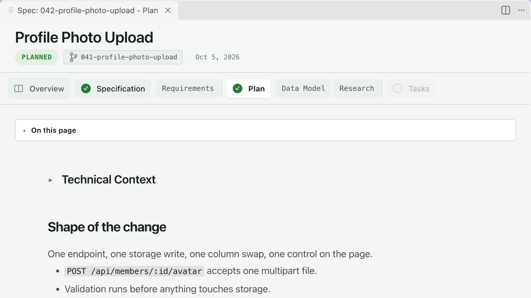The Plan tab of Profile Photo Upload after plan. The badge reads Planned, Specification and Plan are checked, Data Model and Research sit beside Plan, Tasks is still empty, and the plan opens on its Technical Context and Shape of the change.