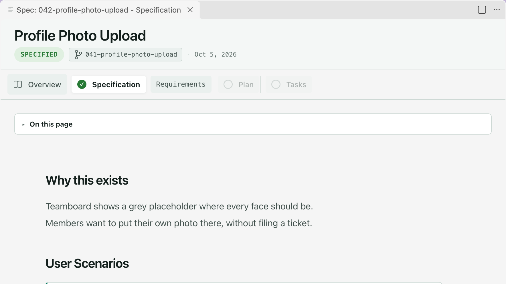 The Specification tab of Profile Photo Upload after specify. The badge reads Specified, Specification is checked with Requirements beside it, Plan and Tasks are empty, and the spec opens on Why this exists.