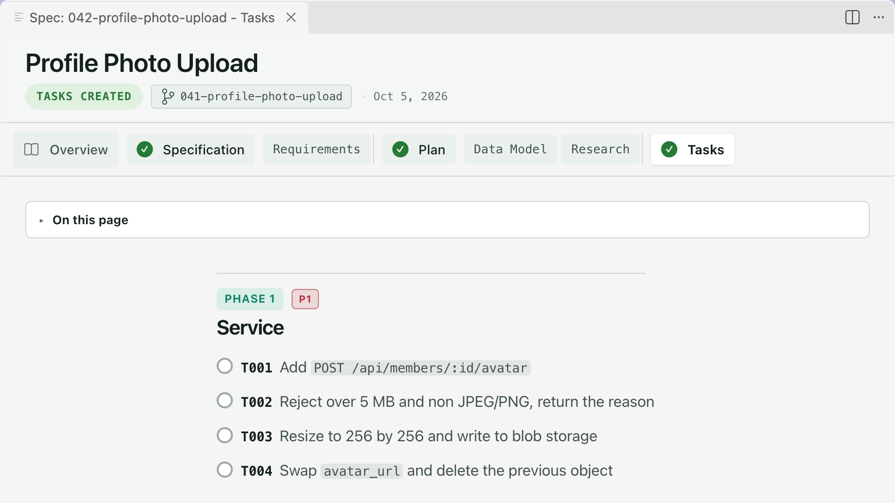 The Tasks tab of Profile Photo Upload after tasks. The badge reads Tasks Created, Specification, Plan and Tasks are checked, and Phase 1, Service, lists tasks T001 to T004 with empty checkboxes.