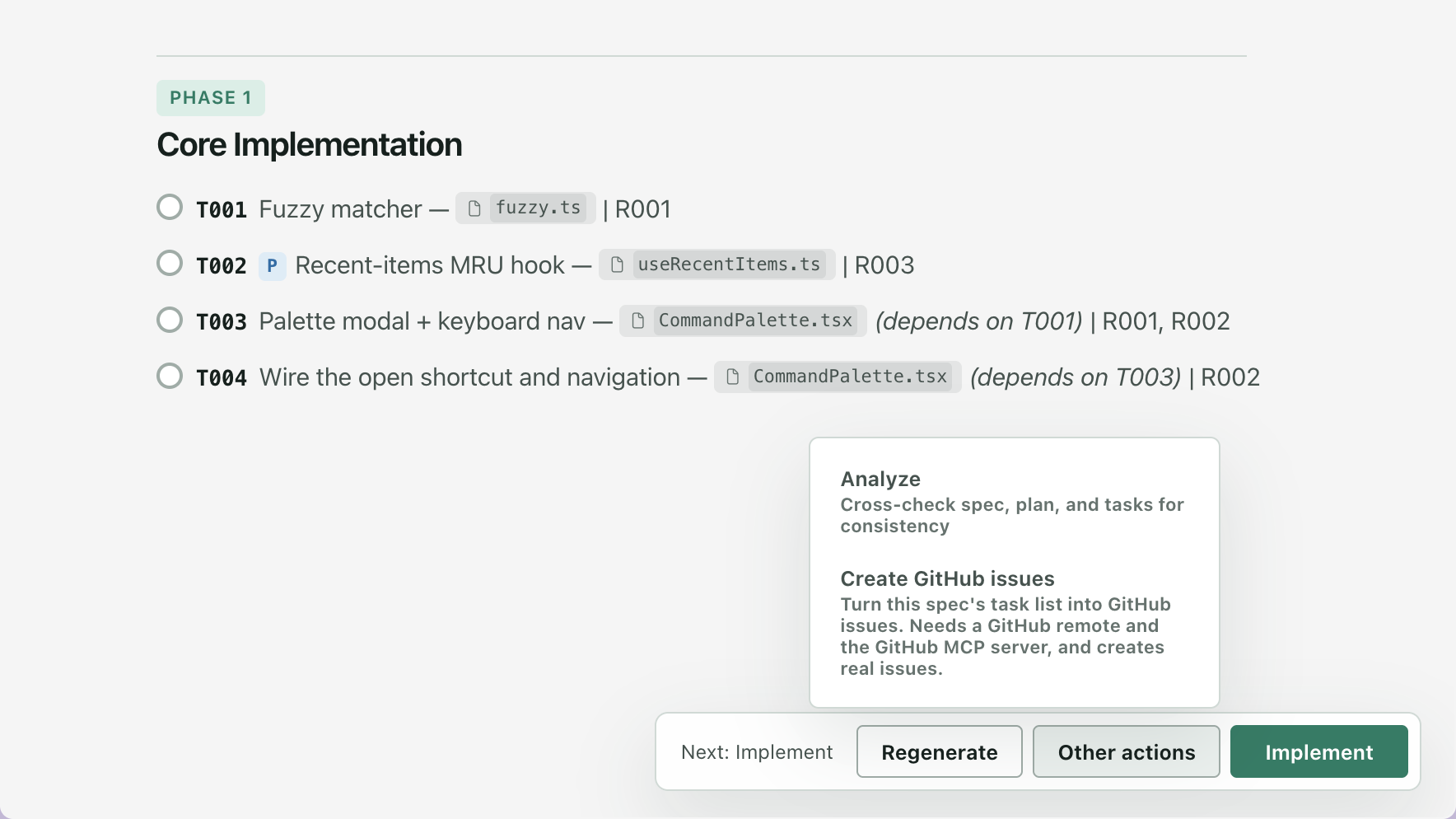 The Tasks tab with four tasks under Phase 1, and Other actions open in the footer on two entries: Analyze, and Create GitHub issues with a line saying it needs a GitHub remote and the GitHub MCP server and creates real issues.