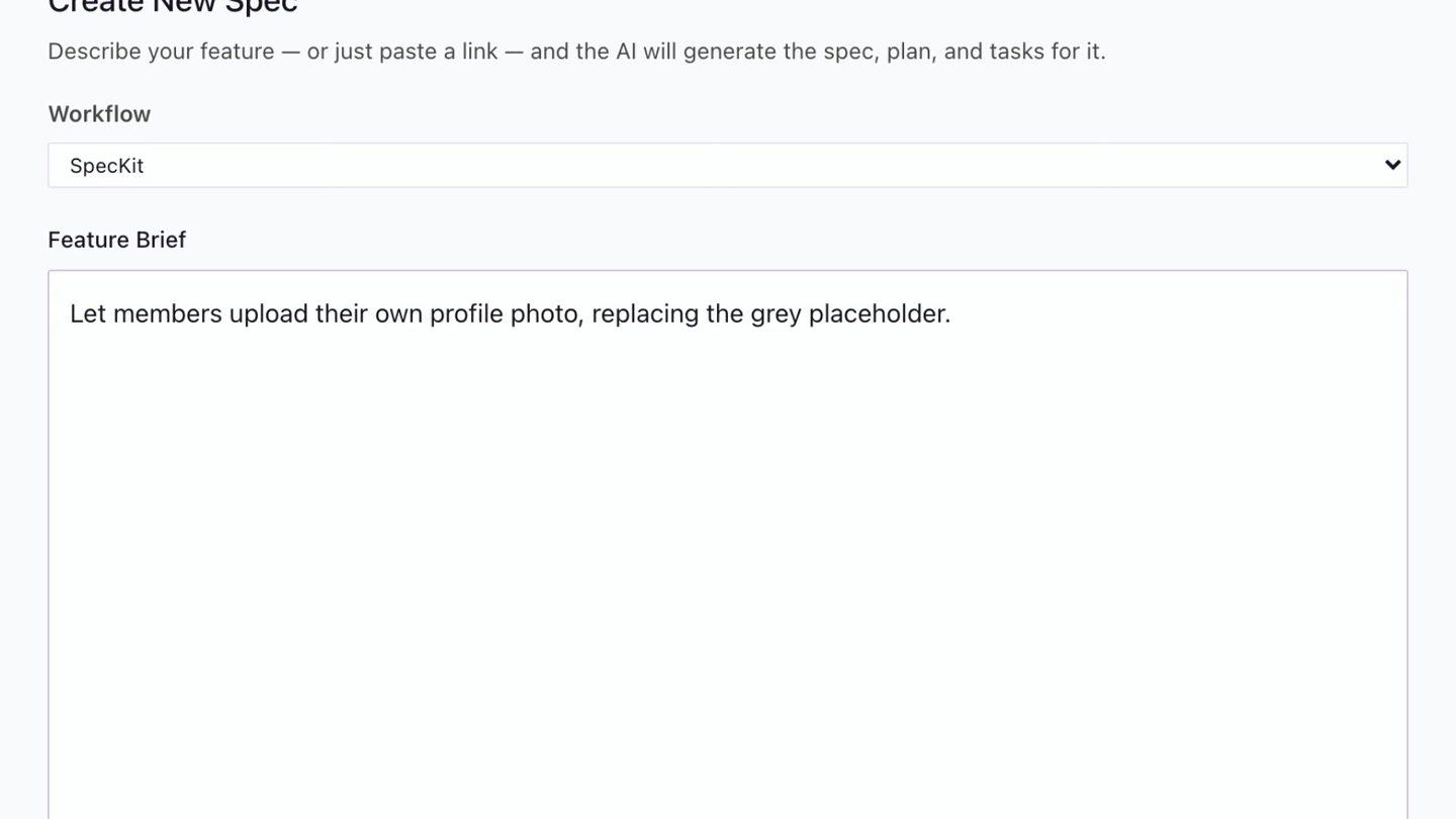 Create New Spec with its workflow picker set to SpecKit, above the Feature Brief field