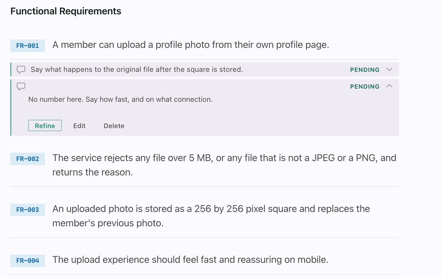 A review comment open under the requirement it annotates, its whole note visible with Refine, Edit and Delete, among the other requirements on the page.