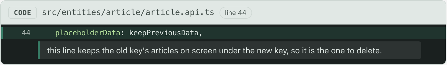 A code card for src/entities/article/article.api.ts, line 44. The line is highlighted and a note under it says why it is the one to delete.