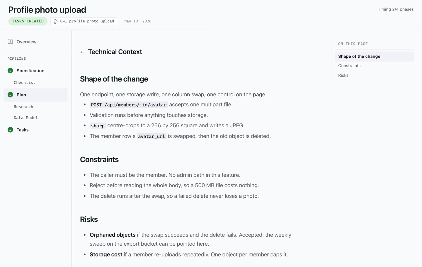 Switching documents in the spec viewer: the Plan document opens with its own sub-documents, the highlight moves from Plan to Tasks, the body swaps to the phased task list, and the On this page outline rebuilds for the new document
