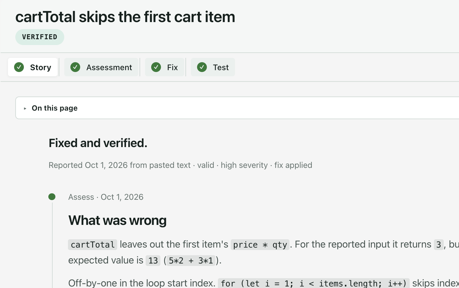 A bug page in VS Code: the lead reads Fixed and verified, then What was wrong with the root cause.