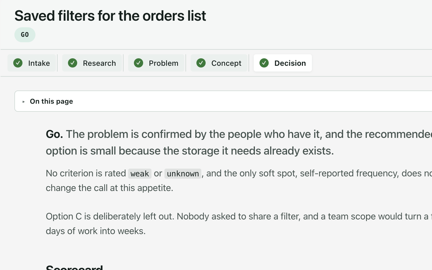 An idea page in VS Code: the verdict Go with its reason, then a scorecard.